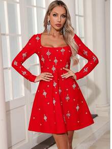 Elegant Solid Color Shiny Zipper Rhinestone A-Line Dress, Polyester Fabric, Romantic Party, Wedding, Formal Occasion, Stage Performance, Autumn/Winter - Đỏ - Xem 3