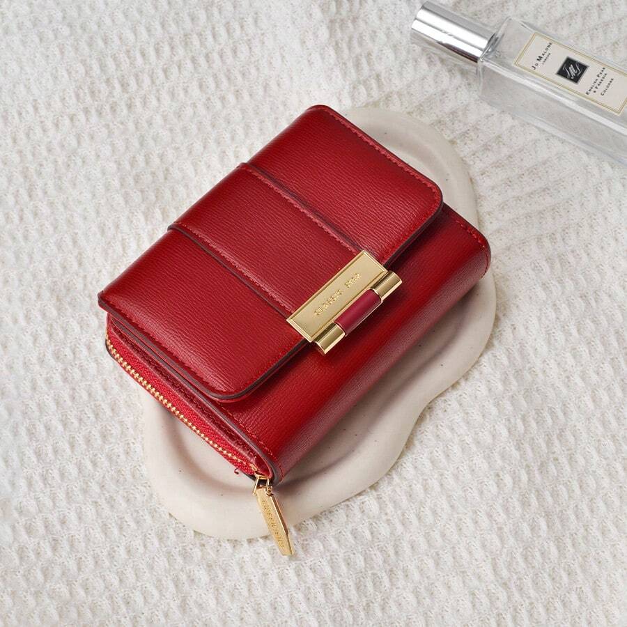 Ladies' Black PU Leather Metal Accent Trifold Short Wallet With Zipper Pocket Daily Use & Gift For Women Wallet Mini Wallet Purse Wallet Small Wallet Cute Wallet - Red - View 1