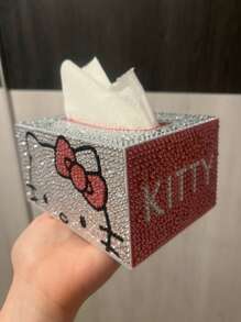Sanrio 1 件  DIY 水钻彩绘纸巾盒闪亮圆形方形水钻设计粉色和白色格子图案非常适合家居装饰和汽车收纳水钻彩绘收纳礼物生日毕业