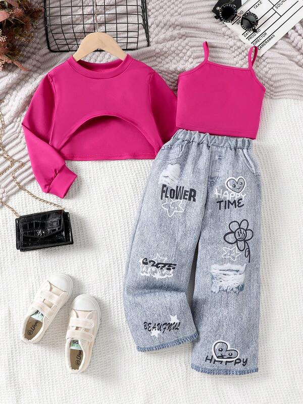 3pcs/Set Young Girl' Casual Long Sleeve Pullover, Printed Camisole, And Pants Set, Spring/Autumn