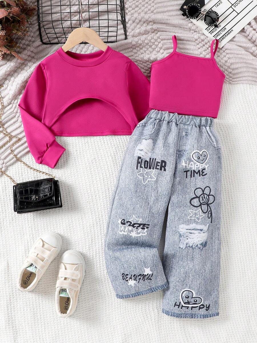 Bộ 3 món áo chui đầu tay dài nhẹ nhàng, áo ba lỗ không tay và quần denim hiệu ứng cho bé gái mới biết đi, mùa xuân/thu - Màu tím - Xem 1