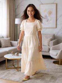 Lizo Long Ruffled Youth Dress Short Sleeve Girls 8 To 12 Years Baby Blue, Pink, Green, Beige, Black - 米色 - 查看 2