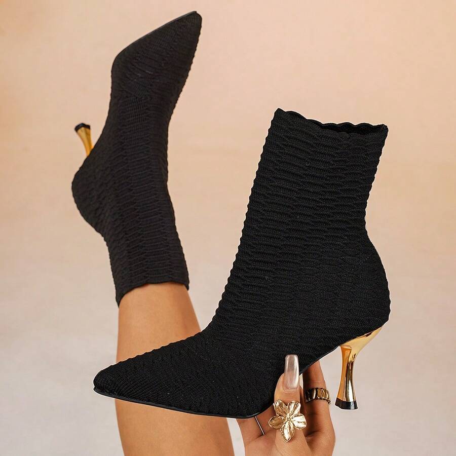 Women's Pointed Toe High Heel Ankle Boots, Elegant Stiletto Heel Design, Solid Color Fabric, Versatile And Fashionable, Suitable For Daily Wear, Parties, And Office Commute