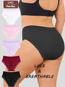 5pcs/Set Solid Color High Waist Lace Patchwork Briefs Panties Set For Women