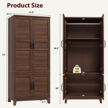 Studyset Armario ropero con 4 puertas, armario de madera de 72" con barra de colgar, armario alto independiente con 18 estantes ajustables para ropa, armario de dormitorio de madera para el dormitorio