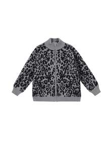 Jungle Whisper Leopard Print Loose Knit Cardigan Sweater For Women, Autumn, Random Panels - Grey - View 3