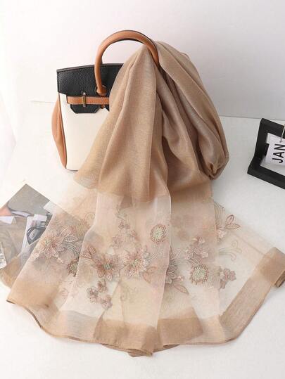 1条桑蚕丝刺绣围巾，手工花卉刺绣披肩，长款旗袍外巾