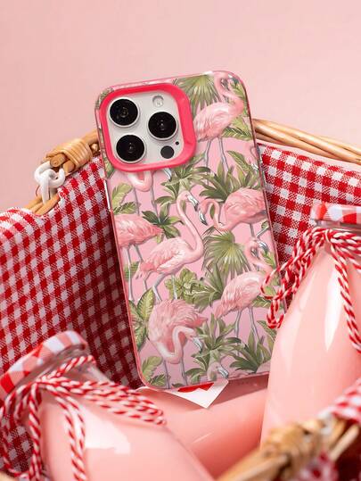 1pc Magenta Contrast Lens Frame Light Pink Background Full Print Flamingo Palm Coconut Tree Full Coverage Shockproof Phone Case, Summer Island Gentle Fresh Ins Girl Niche Versatile Protective Cover, Compatible With IPhone17/17/Pro/17ProMax/16/11/16Plus/16ProMax/16e/15ProMax/13/14/12/14ProMax/12ProMax/13ProMax/12Pro/13Pro/14Pro