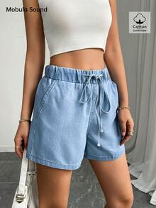 Mobula Sound# Sexy Music Festival Versatile Casual Vacation Elegant Fashion Style Women's Elastic Waist Loose Blue Denim Shorts, Spring/Summer - Blue - View 3