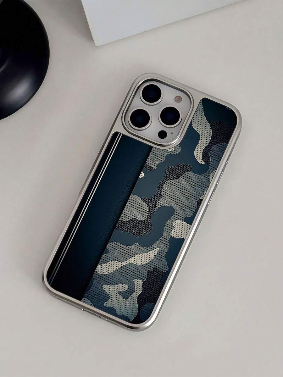 WeiMi 1pc New Business Style Camouflage Pattern Silver Electroplated Waterproof Shockproof Anti-Slip Phone Case Protective Cover Compatible With Apple Phones - Multicolor - View 1