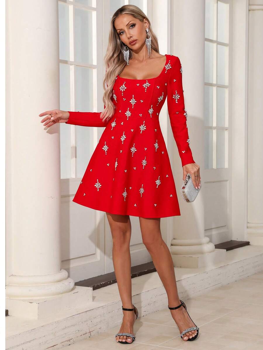 Elegant Solid Color Shiny Zipper Rhinestone A-Line Dress, Polyester Fabric, Romantic Party, Wedding, Formal Occasion, Stage Performance, Autumn/Winter - Đỏ - Xem 1