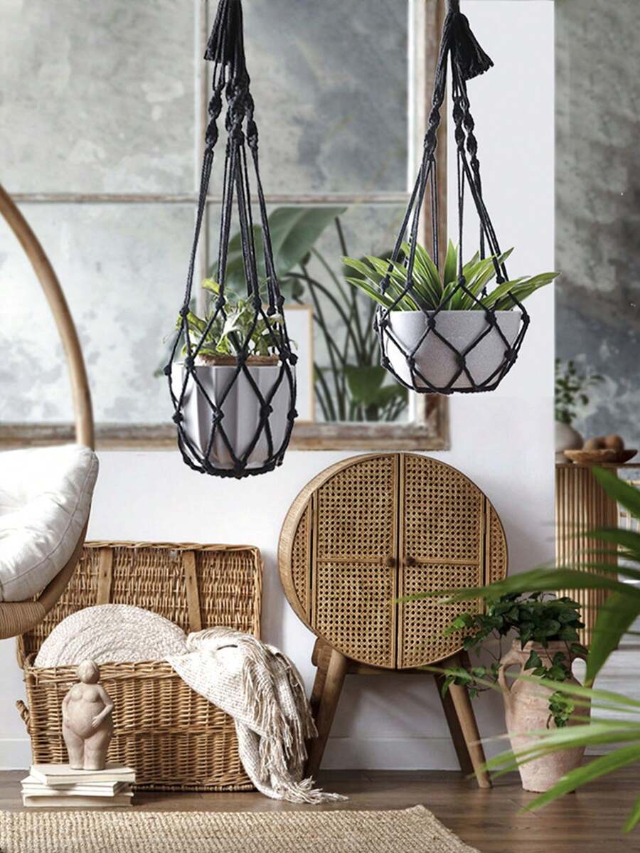 1 pieza Cesta colgante de maceta tejida a mano, decoración del hogar sencilla para el balcón, adecuada para colocar plantas en macetas, evita que las mascotas dañen, cesta colgante de maceta para el hogar, decoración del balcón del hotel, red de maceta colgante del restaurante - Multicolor - Ver 1