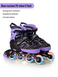 一套 FREE STAR 运动软皮 PU 直排轮滑鞋，带闪光轮，适合初学者，尺码可调节，包含头盔、护肘、护膝、手套，时尚户外专业运动鞋 - 紫色 - 查看 2