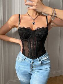 时尚无缝细肩带文胸，性感修身无肩带蕾丝吊带露脐上衣 - 黑色 - 查看 3