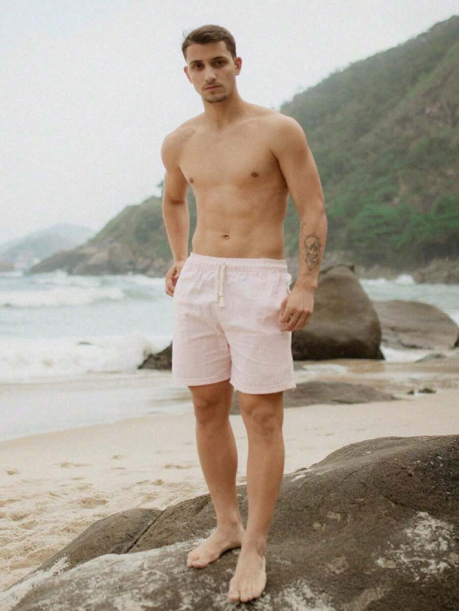 Men's Linen Shorts With Drawstring, Comfortable For Everyday And Leisure - Rosa Pálido - Ver 1
