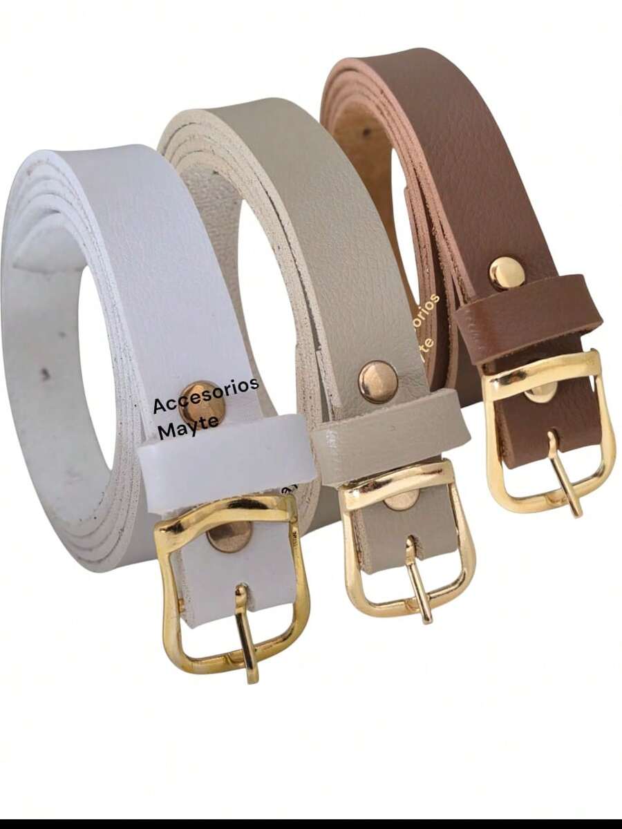 Kit Of 3 Women's Belts With Gold Buckle, Fashion, 2cm Wide, Simple, Casual, PU Leather - Beige, White, Caramel - View 1