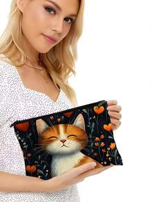 1 Pc Funny Cat Retro Cat Pattern Cosmetic Bag, Funny Cat Toiletry Bag, Portable Travel Storage Bag,Zipper Lightweight Makeup Pouch For Women, Makeup Bag, Pencil Bag Travel Essentials Holiday Vacation Makeup Organizer Travel Bag For Women