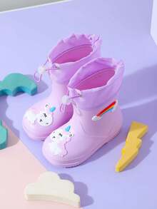 2025新款儿童中筒雨靴加厚保暖耐用橡胶靴可爱卡通抽绳设计防水防滑男女童小学生高档雨鞋清新款式 - 紫羅蘭色 - 查看 4