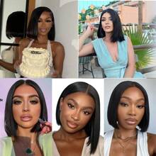 #1B 黑色波波头蕾丝前假发，真人混纺直发，13x4 高清透明时尚彩色波波头假发，即戴即用，无需胶水，自然发质，预先拔毛，预先剪裁，女士短款波波头假发 - 自然色&黑色系 - 查看 10