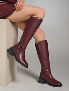 Fall/Winter 2025 New Mid-Heel Knee-High Boots, Simplistic Motorcycle Riding Style, Versatile For Women - Burgundy - View 5