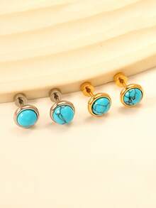 1 paire de boucles d'oreilles en acier inoxydable avec pierre bleue pour femmes et filles. Bijoux dorés sans décoloration, avec fermoir à vis. Petites boucles d'oreilles pour accessoires de fête de Noël - Bouchon à vis - Voir 4