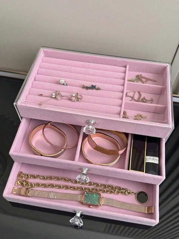 Caixa de armazenamento de joias com gaveta de três camadas, 1 peça, com tecido de veludo, portátil, à prova de poeira, para acessórios antioxidação/rosa, brincos, anéis, joias, nail art, colar, bolsa de armazenamento de viagem, caixa de armazenamento de joias, vitrine de joias, presente de Dia dos Namorados, presente de Dia das Mães, presente de Natal