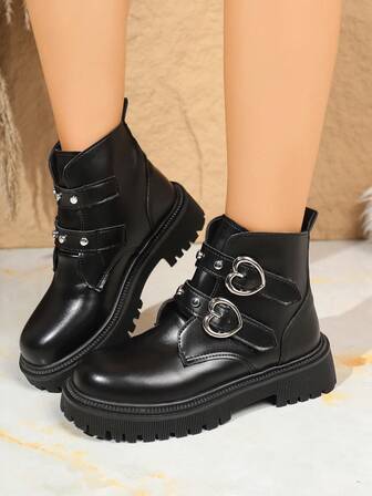 Fall/Winter Heart Metal Decor Street Style Platform Boots For Women, Soft & Comfortable Lining, Non-Slip Rubber Sole, Versatile European & American Ins Style Shoes