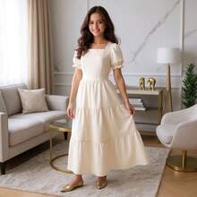 Lizo Long Ruffled Youth Dress Short Sleeve Girls 8 To 12 Years Baby Blue, Pink, Green, Beige, Black - 米色 - 查看 4