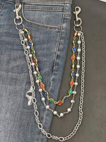 DIY Stainless Steel Multicolour Round Bead Agate Three Layer Pants Chain Men One's Waist Luxury Accessories Retro Keychain Hip Hop Jewelry Product Colors Randomly Send