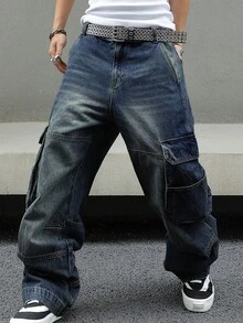 Men's Baggy Denim Cargo Pants Loose Fit Streetwear Wide Leg Workwear Style With Large Side Pockets - 深色水洗藍 - 查看 2