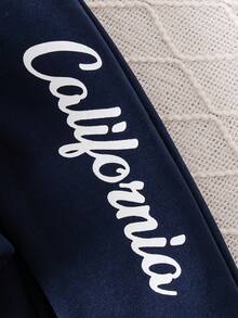 2 piezas Conjunto de estilo deportivo para niños pequeños, chaqueta con cremallera con capucha en parches azul marino y gris + pantalones casuales de unicolor con estampado de letras, otoño/invierno - Azul Marino - Ver 8