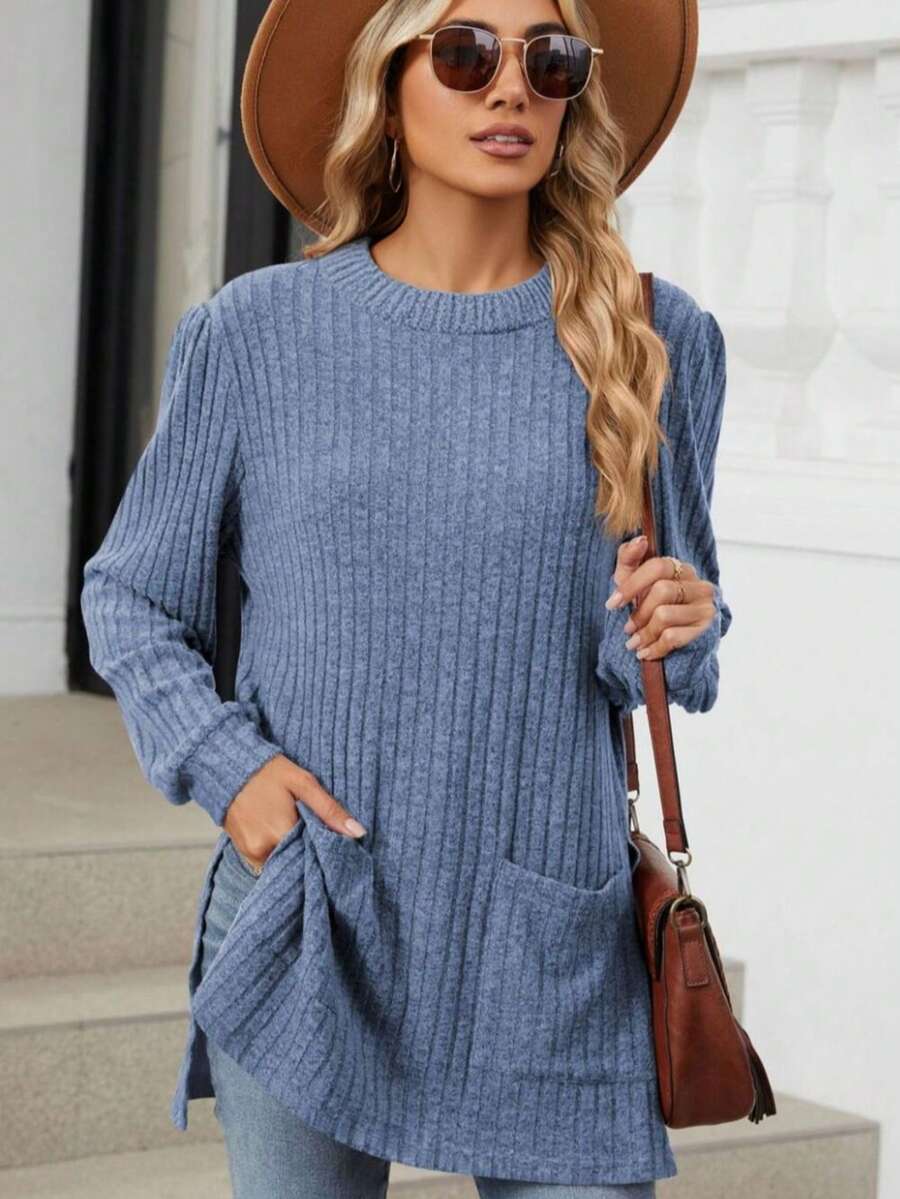 Suéter casual de mujer de unicolor con bolsillos dobles y abertura lateral, para primavera/otoño