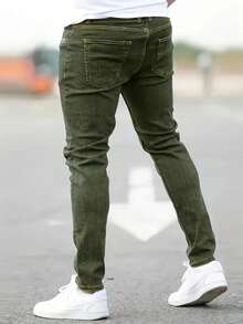 Men's  Green Slim Fit Stretch Jeans - Classic Elastic Denim Pants For All-Season Wear, Comfortable Skinny Tapered Leg Casual Trousers With Utility Pockets - 橄欖綠 - 查看 3