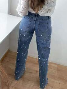 Women's Casual High Stretch Denim Jeans With Beaded Details, Long Straight Leg Design
