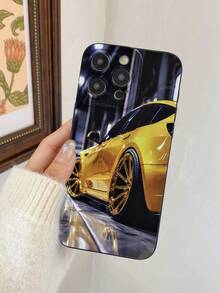 Cool Racing Car Phone Case, Black With Bright Yellow Body And Gold Rim Print, Car Enthusiast Phone Protective Cover, Toy For Boys, Waterproof, Durable, Dust-Proof, Fashionable Minimalist Design With Camera Protection, Suitable For IPhone 16/15/14/13/12/11/7/8/XR/XS/Plus/Pro/Pro Max And Galaxy S/A Series, Perfect Gift For Friends, Family, Girlfriend, Boyfriend, Ideal Christmas Present
