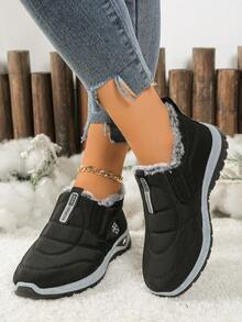 Giày nữ mùa thu/đông 2025 mới, giày casual lót ấm, bốt đi tuyết kiểu slip-on, trang trí họa tiết bông tuyết, bốt cổ ngắn mùa đông thoải mái. - màu đen - Xem 5