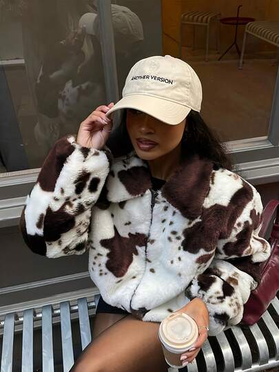 1pc Leopard Print Faux Fur Regular Jacket For Everyday Wear, Autumn/Winter