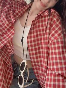 Casual Versatile Red Plaid Shirt, Houndstooth Pattern Front Button Pockets - Redwood - View 5