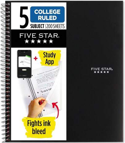 Five Star Spiral Notebook  Study, 5 Subject, College Ruled Paper, 8-1/2" X 11", 200 Sheets, Fights Ink Bleed, Water Resistant Cover, Black