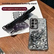 (Bracelet) (Butterfly Stand) Butterfly Stand Compatible With Samsung S24Ultra Phone Case Fe Four-Corner Anti-Fall GalaxyS23plus Flower Strap S22 Glitter Protective Case, New Design For Women S25/S25U Phone Case - Black - View 3