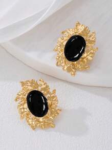 1 对时尚复古金金属叶仿珍珠耳钉，适合日常、宴会和派对佩戴 - 金黃色 - 查看 7