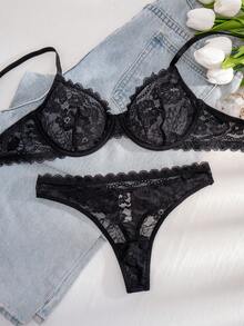 1 Set Women's Solid Color Lace Ruffled Rim Underwire Comfortable Bra Set - Black - View 4