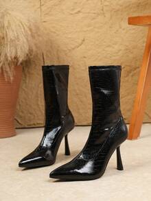 Giày bốt cổ ngắn mũi nhọn màu đen thời trang, gợi cảm và thời trang thu đông 2025, giày cao gót sơn mài, dễ mang, đa năng, dành cho nữ, giày Y2k - màu đen - Xem 5