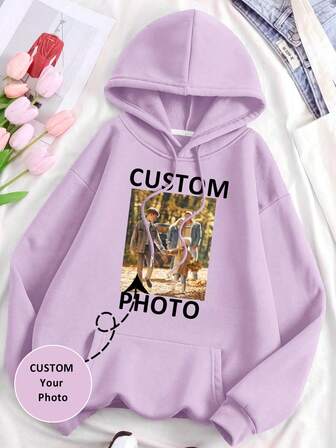 Add Your Picture To Design Your Personalized Sweatshirt, Add Your Own Lmages (Family Photo/Selfie/Pet Photo/Friend Photo)To Design Your Personalized Printed Hooded Sweatshirt, Long-Sleeve Hooded Sweatshirt, Women's Hoodie, Suitable For Daily Wear, As A Gift For Her