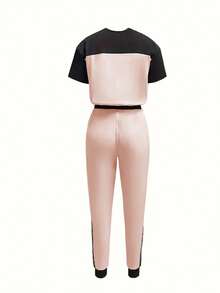 2pcs/Set Casual Patchwork Colorblock Short Sleeve Crew Neck T-Shirt And Long Pants Outfit - Apricot - View 2