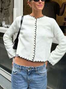 SEREN Autumn/Winter New White Single-Breasted Contrast Wave Hem Knit Sweater, Gentle, Minimalist, Elegant, Casual, Versatile, Relaxed Pullover Sweater, Women's Autumn Apparel - White - View 6