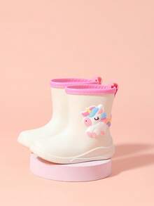 Giày đi mưa cao đến giữa bắp chân mới cho trẻ em, giày cao su dày dặn, ấm áp và bền chắc với họa tiết kỳ lân hoạt hình dễ thương và viền cầu vồng, giày cao su cao cấp dành cho bé gái, học sinh tiểu học, giày đi mưa cao đến giữa bắp chân kiểu dáng mới mẻ. - Màu be - Xem 4