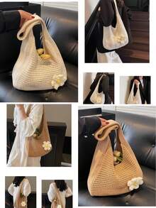 Khaki Upgraded Version Hand - Crocheted Hollow - Out Bag, Floral - Decorated Literary - Style Single - Shoulder Bag00 - 杏色 - 查看 6