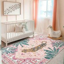 1pc Luxury Vintage Tiger & Floral Striped Totem Area Rug, Soft Faux Wool Wild Animal Farmhouse Style Washable Decorative Carpet For Living Room, Bedroom, Entryway, Bathroom, Hallway, Patio, Kitchen, Indoor Outdoor, All Season Large Mat - Light Pink - Home Decor - Multicolor - View 2