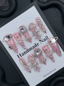 Bộ 10 móng tay giả màu hồng dễ thương mùa hè & thu, móng tay mạ crom, bộ móng acrylic dán kiểu Nhật Y2K, móng dài nhọn mạ crom, bộ móng giả thủ công phủ kín toàn bộ móng với đá và họa tiết trái tim 3D, móng giả màu hồng bóng mạ crom kiểu Punk với dây xích và lớp phủ kim loại, móng dán, thiết kế nghệ thuật móng Gothic, quà tặng ngày Valentine, quà tặng Halloween cho phụ nữ và bé gái - Hồng - Xem 3